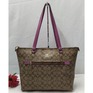 Coach Gallery Signature Brown Coated Leather Double Handles Tote Shoulder Bag